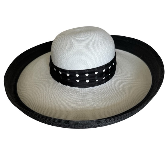 Vintage Black and White Woven Wide Brim Hat with Polka Dot Band - Picture 2 of 11
